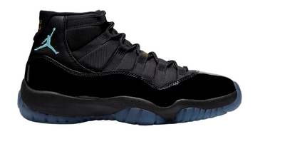 Black high-top sneaker with blue accents on a gray background