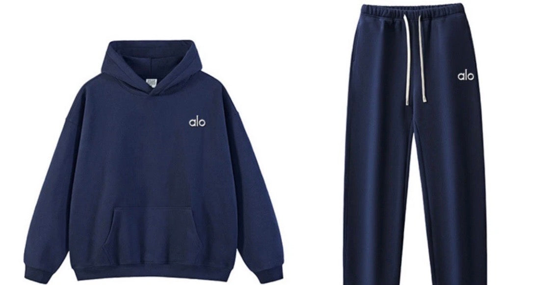 ALO Navy hoodie and straight-leg sweatpant set — supplied reference